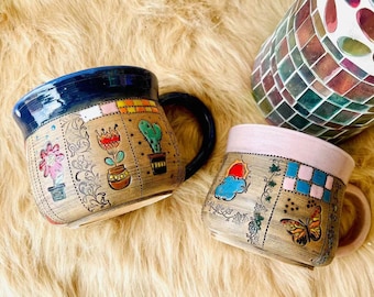 Hand-Painted Floral Ceramic Mug, Personalized Pottery Tea Cup