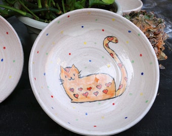 Cute Handpainted Orange Cat Ceramic Ramen Bowl, Personalized Rustic Dinnerware, Handmade Gift