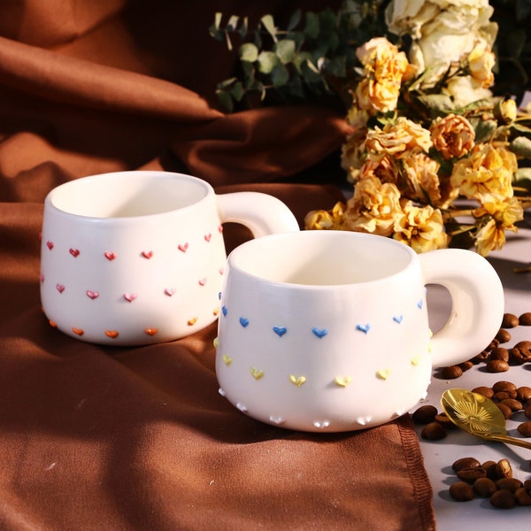 Rainbow Heart Handmade Coffee Mugs, Personalized Ceramic Mug for Coffee Lovers, Custom Unique Design Cup with Home Decor
