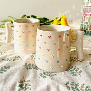 Adorable Rainbow Heart Handmade Ceramic Mugs to Brighten Your Day, Personalized Soft-Hued Pottery Mug for Heartwarming Moments