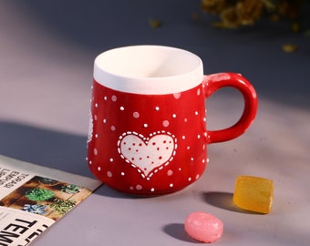 Personalized Red Heart Ceramic Coffee Mugs, Handmade Pottery Mug for Coffee Lover, Custom Your Perfect Mug Design