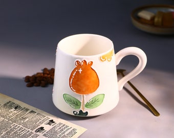 Cozy Handmade Coffee Mug – Hand-Painted Flower with Leaf Pottery Cup for Tea & Coffee Lovers