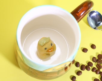 Hand-Painted Duck Mug with Inside Figurine – Handmade Ceramic Coffee Mug