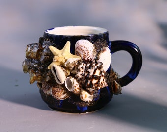 Deep-sea Series Shell Coffee Mug, Handmade Mysterious Blue Ceramic Mug, Custom Pottery Mug For Coffee Lover