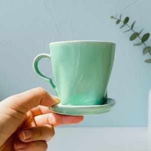 Handcrafted Ceramic Cup and Saucer Set – Mint Green Pottery Tea or Coffee Mug