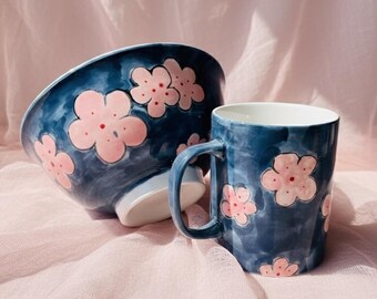 Handmade Ceramic Bowl and Mug with Cherry Blossom Design – Unique Pottery for Coffee, Tea & Snacks
