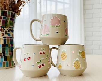 Hand-Painted Ceramic Fruit Mug – Personalized Peach, Cherry & Pineapple Design, Custom Coffee Mug for Fruit Lovers