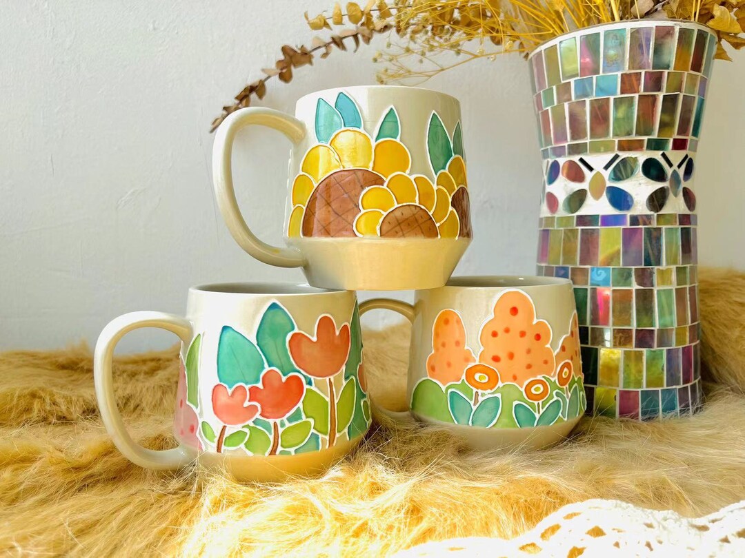 3D Artistic Flowers Ceramic Mug, Personalized Handmade Ceramic Cup for ...
