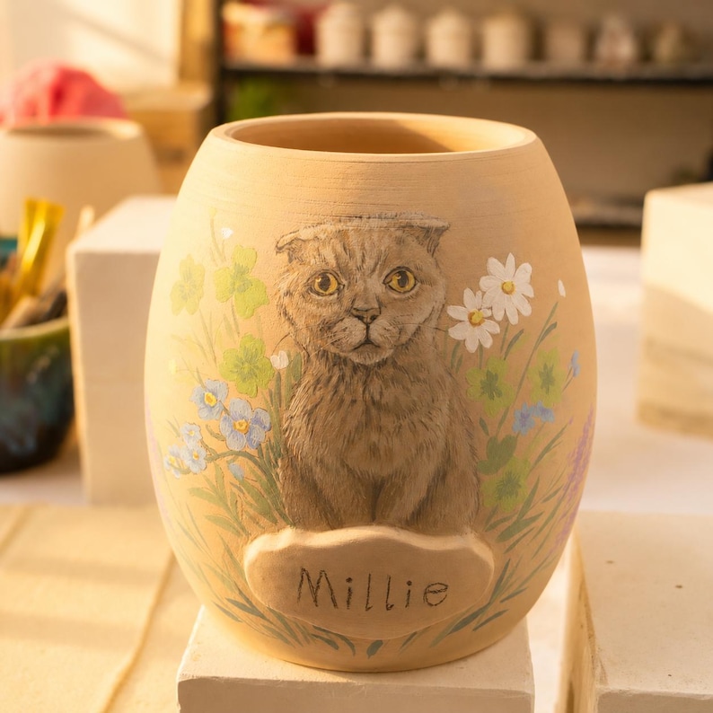 Puede incluir: Un recipiente de cer&aacute;mica de color marr&oacute;n claro con una ilustraci&oacute;n pintada a mano de un gato gris rodeado de flores blancas y azules. Debajo del gato, una placa ovalada en relieve muestra el nombre Millie en letras oscuras.
