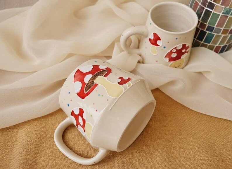 Handmade Ceramic Mug – Whimsical Mushroom Design, Hand-Painted Pottery Cup for Coffee and Tea Lovers image 2
