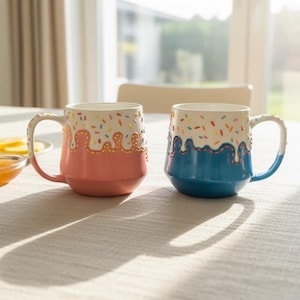 May include: Two ceramic mugs with a whimsical design. One is pink, the other blue, both with a white top section covered in colorful sprinkles. The mugs have a handle and a decorative drip design. The mugs are on a table.