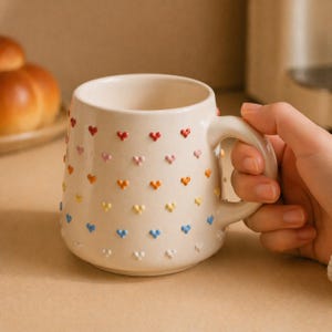 Könnte beinhalten: Cremefarbene Keramiktasse mit erhabenen, bunten herzförmigen Verzierungen. Die Tasse hat einen abgerundeten Körper, einen stabilen Henkel und eine glatte, glänzende Oberfläche. Die Herzen sind in Rot-, Rosa-, Orange-, Gelb- und Blautönen gehalten.