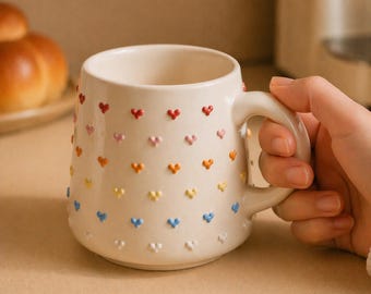 Adorable Handmade Rainbow 3D Heart Ceramic Mug| Personalized Pottery Gift for Heartwarming Moments