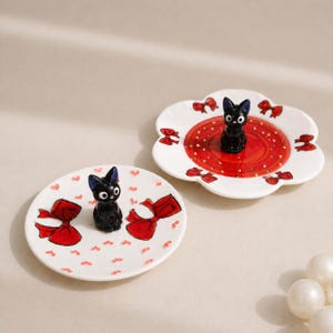 Plato para anillos con forma de gato negro Kawaii, soporte de joyería de cerámica hecho a mano