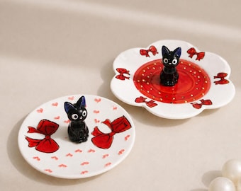 Kawaii Czarny Kot Pierścień Talerz, Ręcznie Robiony Ceramiczny Pojemnik na Biżuterię
