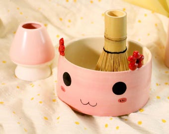 Handmade Kawaii Matcha Bowl – Pink Ceramic Tea Bowl with Cute Flower Ears, Fun Whisking Bowl for Matcha Lovers