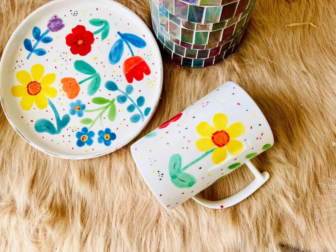 Hand-painted Floral Ceramic Mug, Retro Pottery, 16 Oz - Etsy