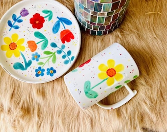 Hand-Painted Floral Ceramic Mug, Retro Pottery, 16 oz