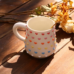 Adorable Handmade Rainbow 3D Heart Ceramic Mug| Personalized Pottery Gift for Heartwarming Moments