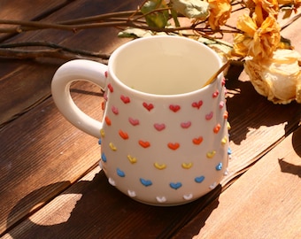 Adorable Handmade Rainbow 3D Heart Ceramic Mug| Personalized Pottery Gift for Heartwarming Moments