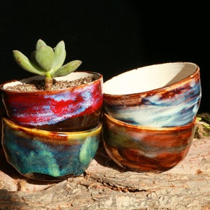 Może przedstawiać: Cztery ceramiczne doniczki z różnymi kolorowymi szkliwami. Górna doniczka ma sukulent, który w niej rośnie.