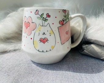 Custom Hand painted Sweets Cat Ceramic Mug, Personalized Handmade Ceramic Mug For Coffee Lover