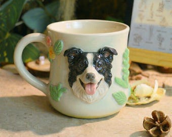 Custom 3D Ceramic Dog Portrait Mug – Handmade Pet Face with Floral Details