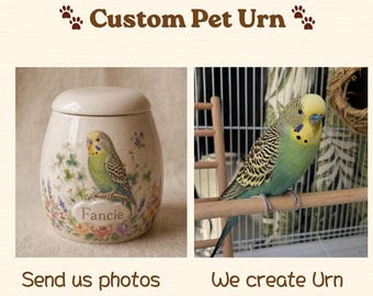 Custom Parrot Portrait Ceramic Urn – Handmade Pet Ashes Keepsake – Hand-Painted Memorial Urn for Beloved Pet
