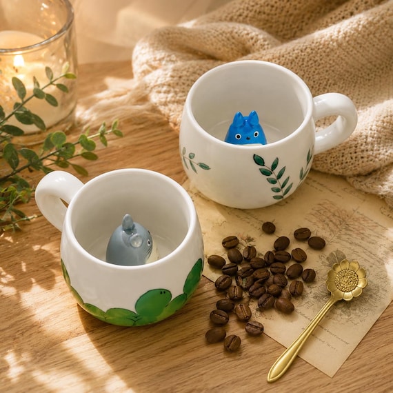 Handmade Ceramic Mug with 3D Cat Figurine - Hand-Painted Leaf Design
