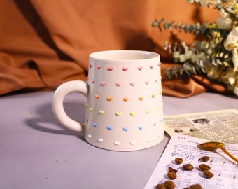 Adorable Rainbow Heart Handmade Ceramic Mugs to Brighten Your Day, Personalized Soft-Hued Pottery Mug for Heartwarming Moments