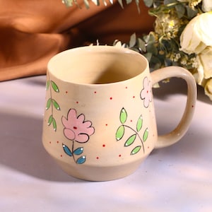 Personalized Flower Ceramic Mug, Custom Handmade Ceramic Mug For Coffee Lover