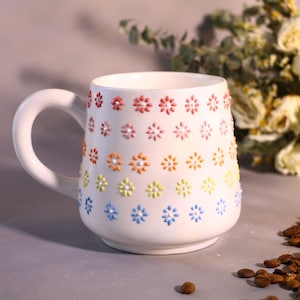 Adorable Rainbow Flower Handmade Ceramic Mugs to Brighten Your Day, Personalized Soft-Hued Pottery Mug for Heartwarming Moments