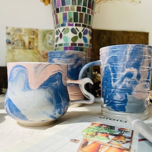 Handcrafted Ceramic Mug - Blue and Pink Marble Design