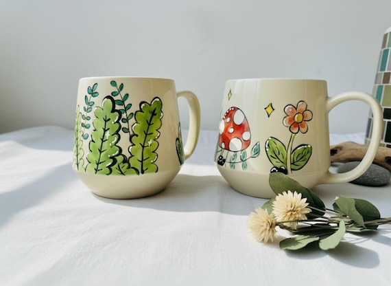 Unique Ceramic Mug – Whimsical Hand-Painted Nature Themes – Customizable Mug with Mushroom and Leaves Designs