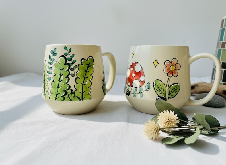 Unique Ceramic Mug – Whimsical Hand-Painted Nature Themes – Customizable Mug with Mushroom and Leaves Designs image 1