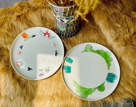 Handmade Ceramic Dinner Plates Hand-painted Floral and Cactus