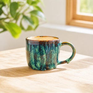 Könnte beinhalten: Eine Keramik-Tasse mit strukturierter, glasierter Oberfläche in Türkis- und Grüntönen, mit braunem Rand und Henkel. Die Tasse steht auf einer Holzoberfläche, im Hintergrund eine Pflanze und ein Fenster.