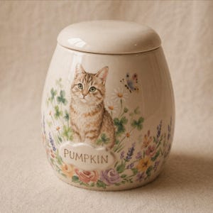 Puede incluir: Un tarro de cer&aacute;mica color crema con tapa a juego, que presenta una ilustraci&oacute;n pintada de un gato atigrado marr&oacute;n rodeado de flores silvestres coloridas, margaritas y una mariposa. La palabra PUMPKIN est&aacute; grabada en una peque&ntilde;a placa frontal.