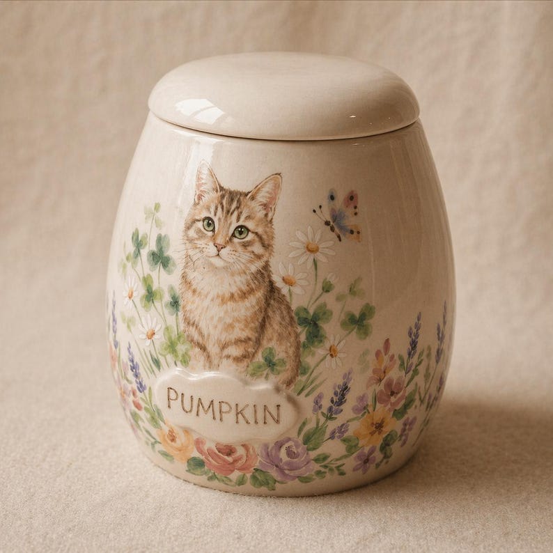 Puede incluir: Un tarro de cer&aacute;mica color crema con tapa a juego, que presenta una ilustraci&oacute;n pintada de un gato atigrado marr&oacute;n rodeado de flores silvestres coloridas, margaritas y una mariposa. La palabra PUMPKIN est&aacute; grabada en una peque&ntilde;a placa frontal.