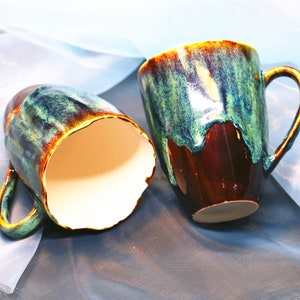 Handmade Ceramic Coffee Mug – Psychedelic Drip Glaze Design, Flowered and Round Rim Pottery Cup