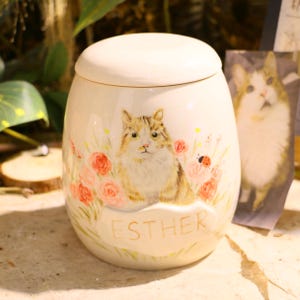 Puede incluir: Una urna de cer&aacute;mica color crema con tapa, que presenta una ilustraci&oacute;n pintada a mano de un gato atigrado rodeado de flores rosas y una mariquita. El nombre ESTHER est&aacute; impreso en letras doradas sobre una placa ovalada en relieve.