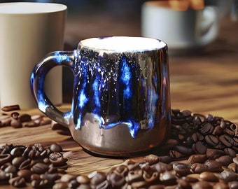 May include: A blue and black ceramic coffee mug with a speckled glaze. The mug is sitting on a wooden surface with coffee beans scattered around it.