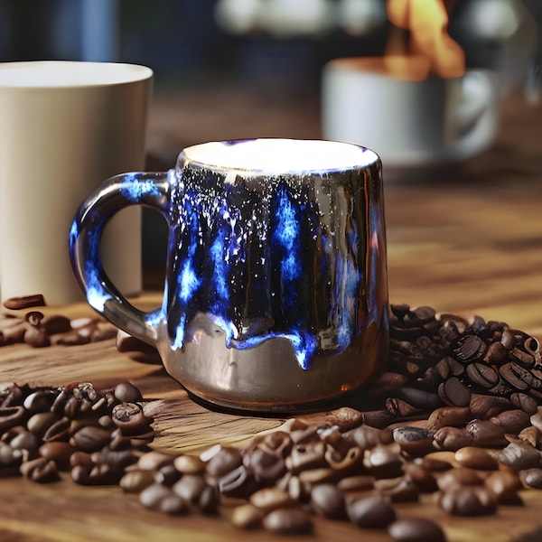 Geheimnisvolle blaue personalisierte handgemachte Tasse, personalisierte Keramiktasse für Kaffeeliebhaber