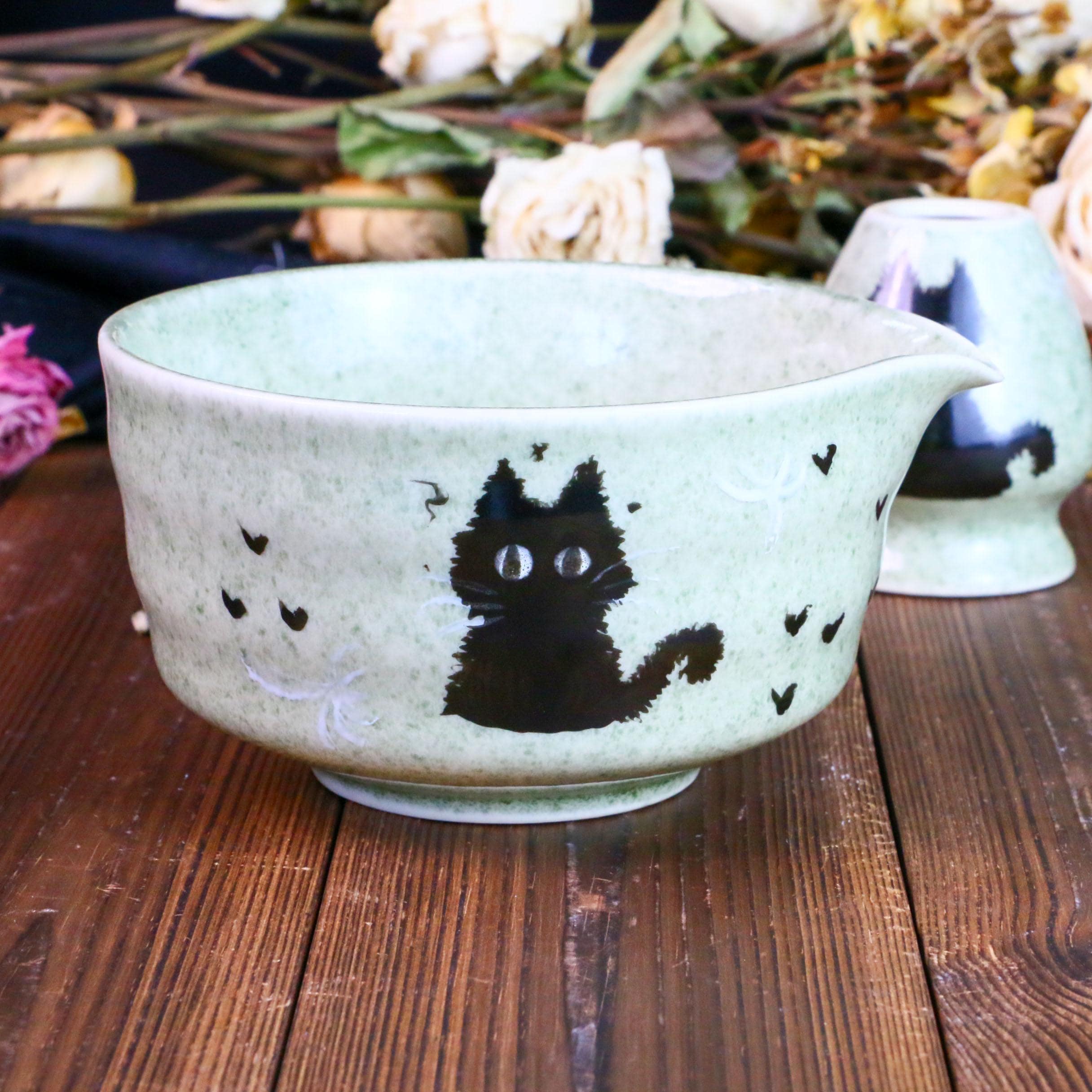 Scruffy Cat Matcha Bowl Set｜Hand-Painted Ceramic Matcha Bowl& Whisk Holder｜Matcha Tea Gift｜Kawaii Japanese Matcha Set