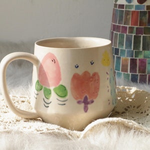 Hand-Painted Ceramic Mug – Cute Farmhouse-Style Cup with Flowers and Chick Illustration