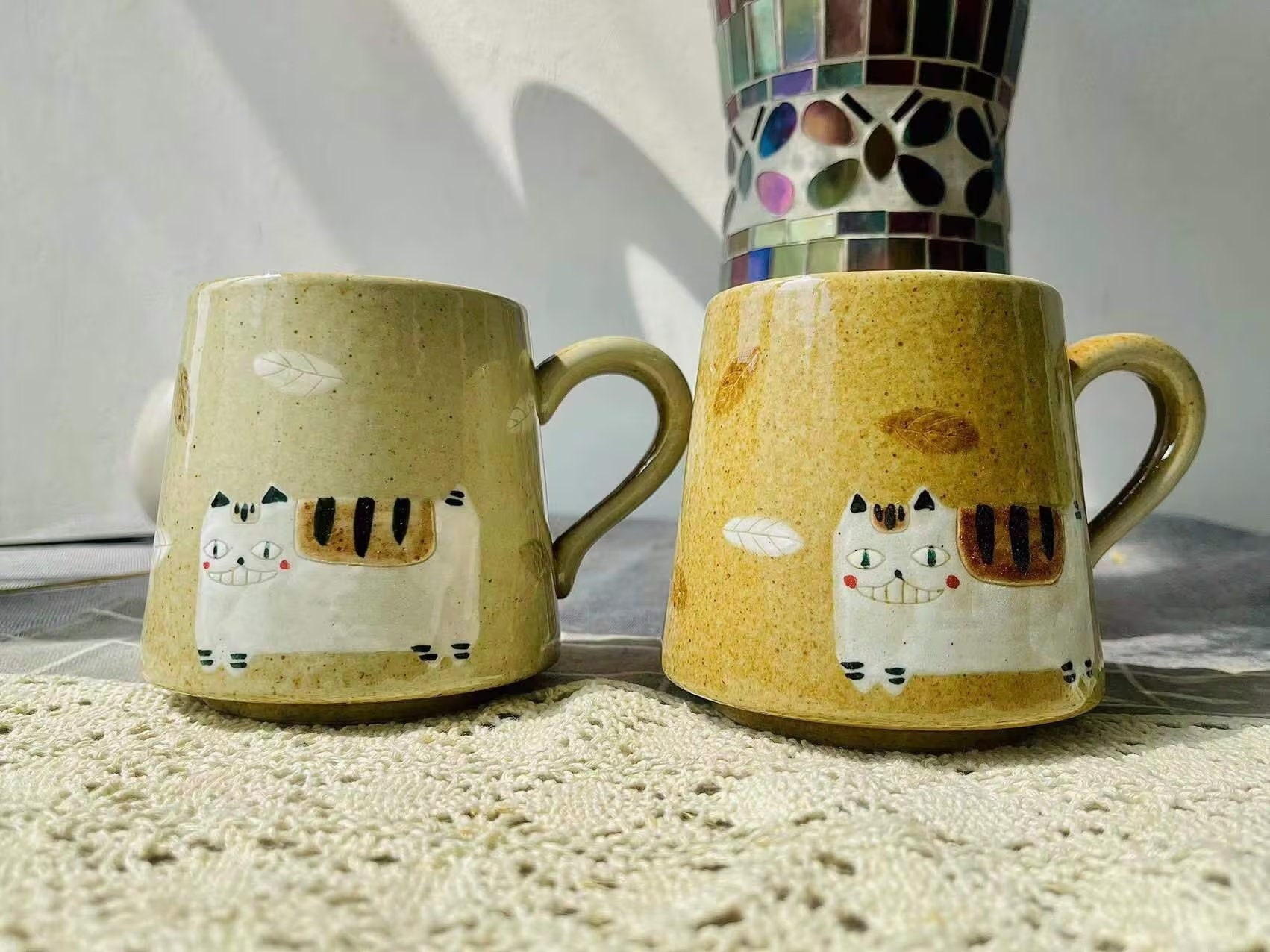 Hand-Painted Playful Cat Coffee Mug - Personalized Option Design