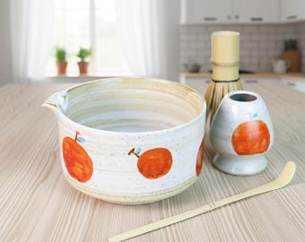 Hand-Painted Ceramic Matcha Tea Bowl Set – Elegant Matcha Chawan with Fruit-Inspired Design, Perfect for Tea Rituals & Home Decor
