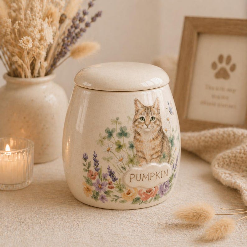 Puede incluir: Un tarro de cer&aacute;mica color crema con tapa, que presenta una ilustraci&oacute;n pintada de un gato atigrado marr&oacute;n rodeado de flores silvestres coloridas y lavanda. El nombre PUMPKIN est&aacute; impreso en una placa en relieve con forma de nube.