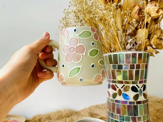 Hand-painted Floral Ceramic Coffee Mug  Custom Pottery, 12 Oz - Etsy