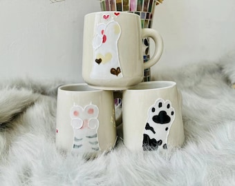 Kawaii Cat Paw Hand-Painted Ceramic Mug, Soft-Hued Pottery